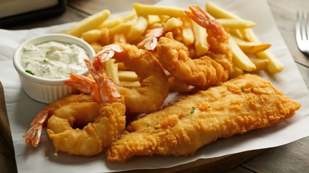 Fried seafood items with fish and shrimp