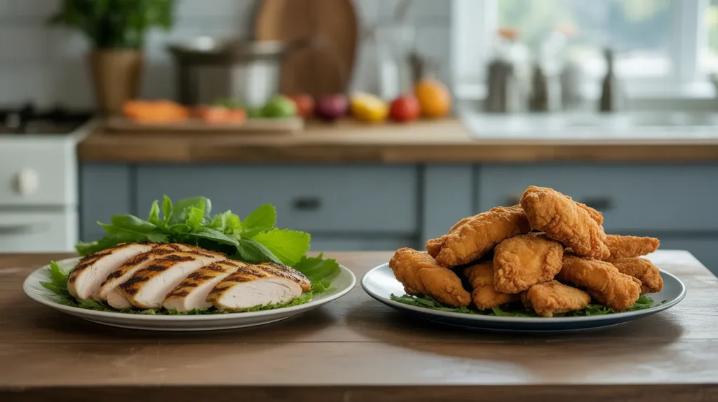 Grilled chicken breast and fried chicken pieces