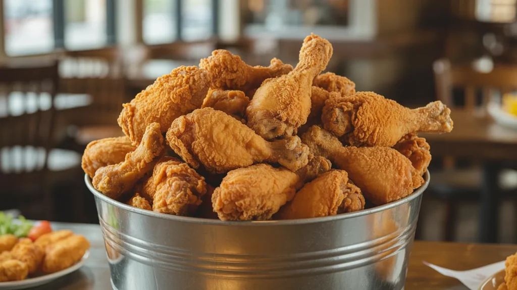 Fried chicken bucket with crispy chicken pieces